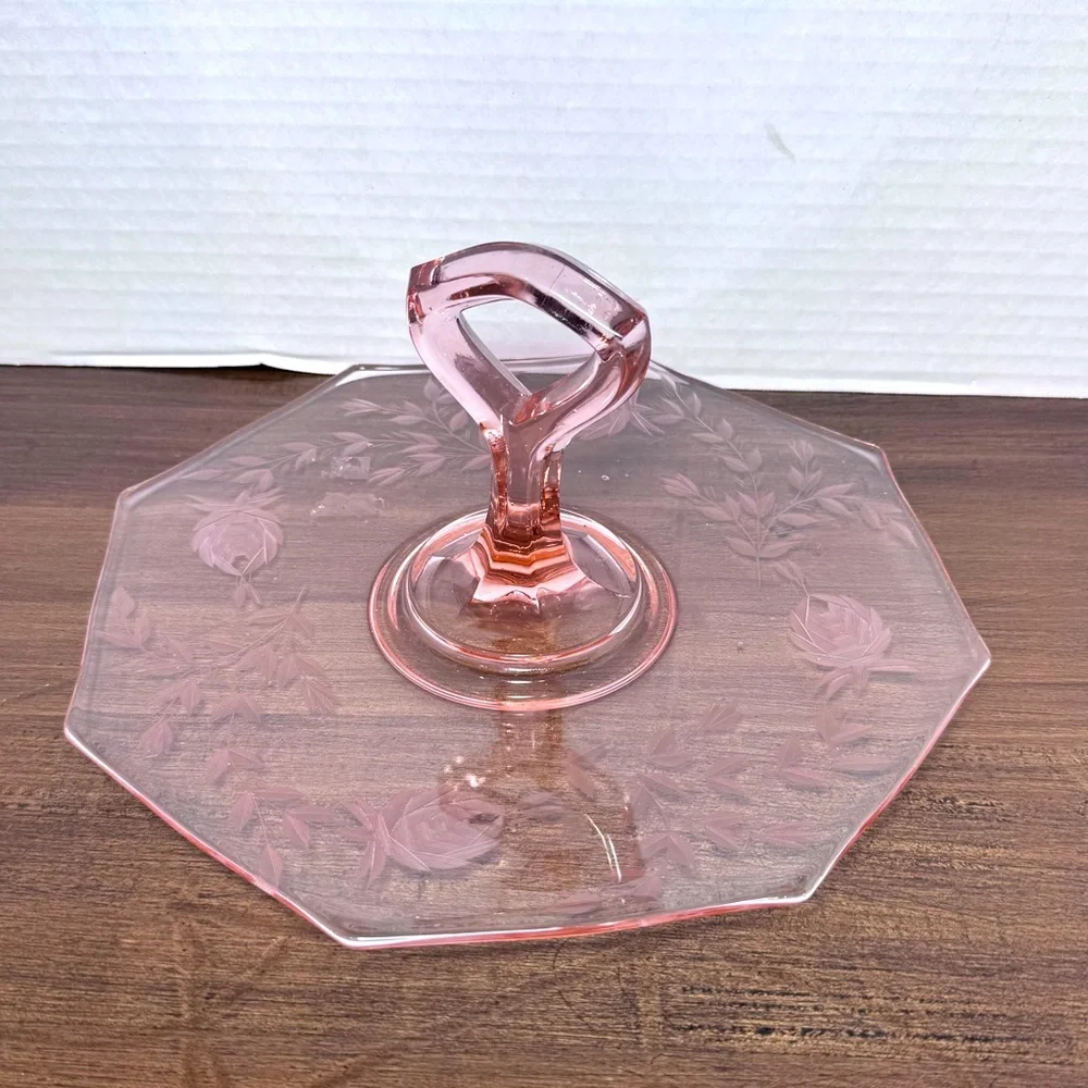 Vintage Pink Depression Glass Sandwich Server Dessert Tray Curved Handle -No Dmg